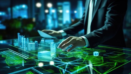 Human touching a advanced technology based on AI light with greenery city, eco-friendly city on a city background with hologram network light bulb screen icons for energy source renewable.