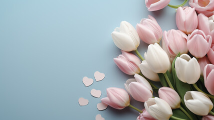 Fototapeta na wymiar White tulips, hearts and gift box on light blue background. Valentines day banner template, Mothers day card, mockup. Flat lay, top view, copy space. Valentine's day composition