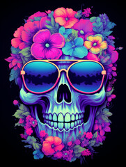 t-shirt design, a skull with sunglasses and flowers painted on it, in the sty created with Generative Ai