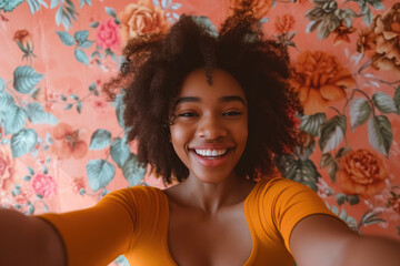 Joyful African American Teen Taking a Selfie with Floral Background