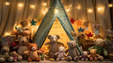 Obraz na płótnie Canvas a group of teddy bears sitting next to each other in front of a tent with a string of lights on it.