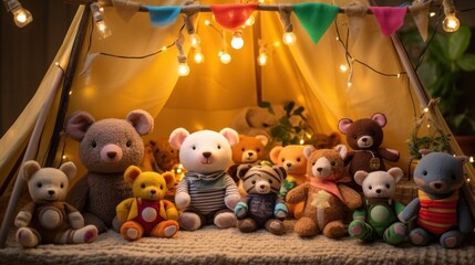  a group of teddy bears sitting next to each other in front of a tent with a string of lights on the ceiling.