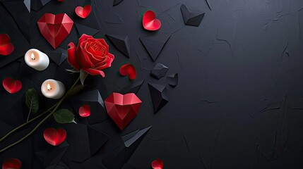 A minimalist Valentine's background featuring a black surface with geometric heart shapes, single red roses and simple white candles. 