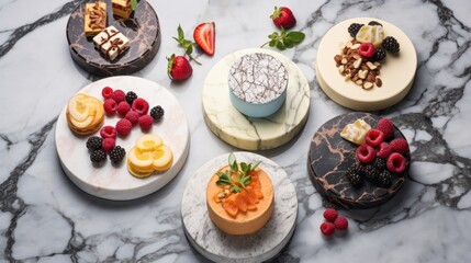 Fototapeta premium a table topped with cakes and desserts on top of a white marble slab of counter top next to fruit.