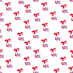 Bright seamless pattern with romantic elements watercolor for Valentine’s day hearts and inscription love on a white background