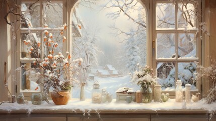  a painting of a winter scene with flowers and vases on a window sill in front of a snowy landscape.