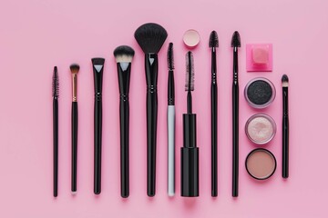 Professional makeup tools. Makeup products on pink background. A set of various products for makeup