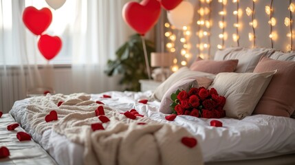 Valentine's Day themed bedroom with hearts, anniversary. 