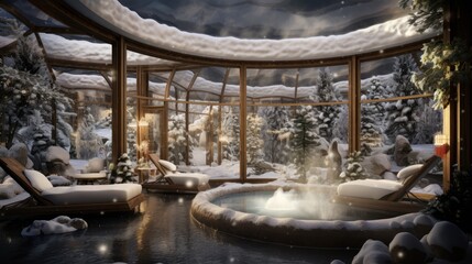  a room filled with lots of snow covered furniture and a hot tub in the middle of a room filled with lots of snow covered furniture.