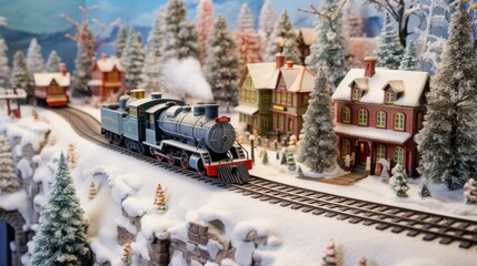  a model of a train traveling through a snow covered forest with houses and trees on each side of the track.