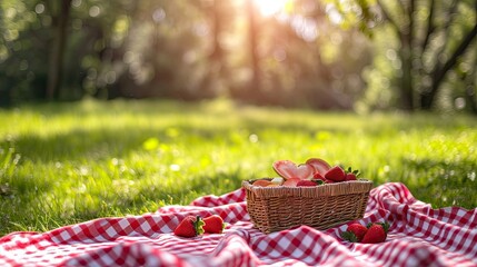 A playful Valentine's day picnic scene set on a bright grassy field, with a red and white checked blanket, a basket of strawberries, heart-shaped sandwiches.  - obrazy, fototapety, plakaty