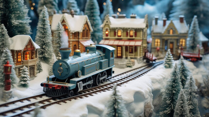  a train traveling through a snow covered forest next to a forest filled with trees and a lit up christmas village.