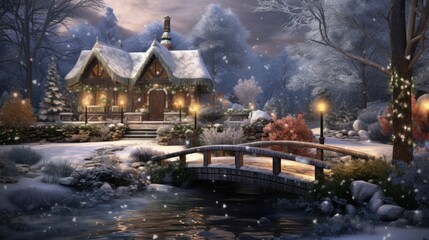  a painting of a winter scene with a house and a bridge in the foreground and a pond in the foreground.