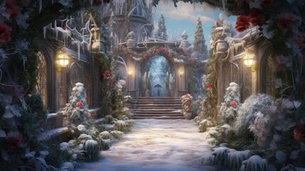 Fototapeta premium a painting of a winter scene with a castle in the background and a snowy path leading up to the entrance.