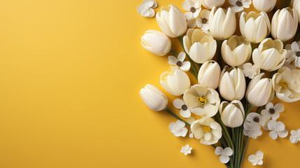 A bouquet of yellow tulips in a vase on the floor. A gift to a woman's day from yellow tulip flowers. Beautiful yellow flowers in vase by wall.