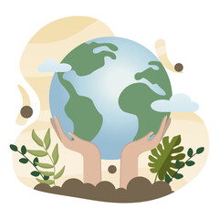 Earth Day illustration. Earth, hands, plant. Editable vector graphic design.