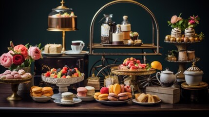  a variety of pastries and desserts on a table in front of a teapot and a tea kettle.