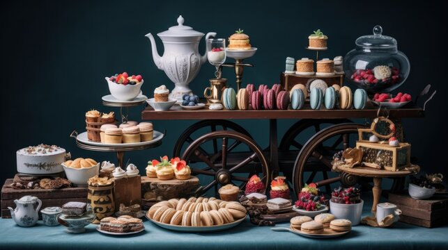  A Variety Of Pastries And Desserts On A Table With A Blue Tablecloth And A Tea Kettle In The Background.