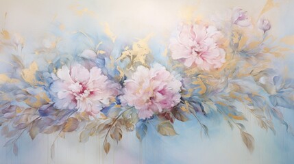  a painting of a bunch of flowers on a blue and white background with leaves and flowers in the middle of the painting.