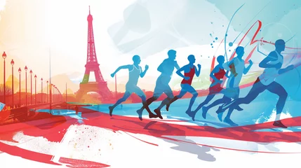 Selbstklebende Fototapete Eiffelturm Paris olympics games France 2024 ceremony running sports Eiffel tower torch artwork painting commencement