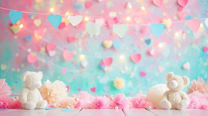 Fototapeten A Valentine's display on a pastel-colored backdrop with paper heart garlands, colorful confetti, and small, fluffy teddy bears. © Dannchez