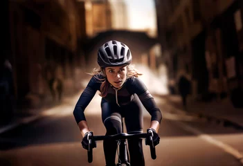 Poster Eine Frau fährt mit dem Fahrrad durch die Stadt © Elias Kostner