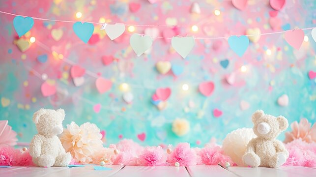 A Valentine's display on a pastel-colored backdrop with paper heart garlands, colorful confetti, and small, fluffy teddy bears.