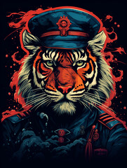 t-shirt design, sailor (tiger) digital artwork in the style of dark cyan and red created with Generative Ai