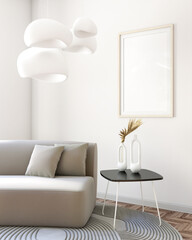 Elegant minimalist living space with a sofa, unique cloud-like pendant lights, and a modern side table with decorative vases next to a mockup photo picture frame on a herringbone parquet floor
