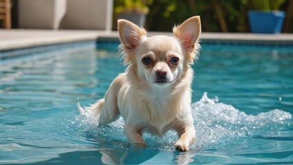 Cream long coat chihuahua dog in the swimming pool