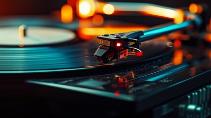 Turntable plays vinyl, high contrast and motion blur. Music banner - obrazy, fototapety, plakaty