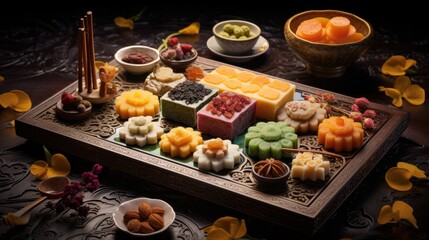  a tray filled with lots of different types of food next to bowls of fruit and dips on a table.