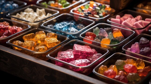  a close up of many different types of gummy bears in trays on a table with other gummy bears.