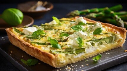  a quiche with asparagus and feta cheese is on a black tray next to asparagus.