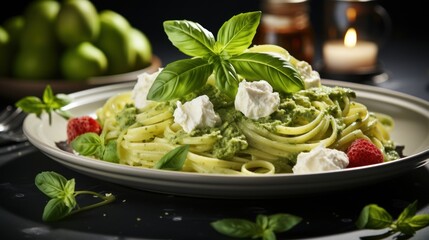  a white plate topped with pasta covered in pesto sauce and topped with whipped cream and fresh raspberries.