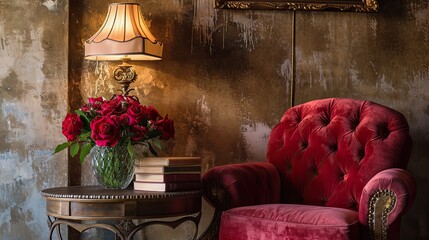 An intimate Valentine's corner with a plush red armchair, a small side table holding a vase of long-stemmed roses and a stack of classic love novels. 