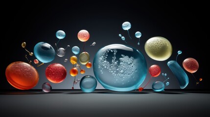  a group of different colored bubbles floating in the air on a black background with a reflection of water on the bottom of the bubbles.