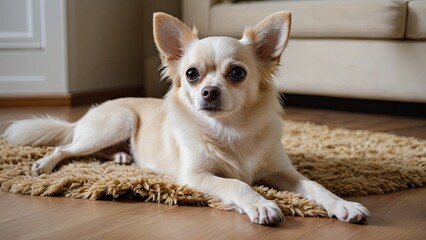 Cream long coat chihuahua dog laying on the floor indoor