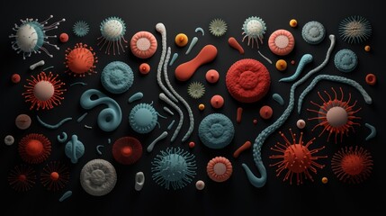  a group of different types of germs and germs on a black surface with a black background.