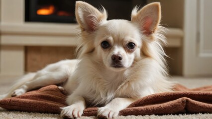 Cream long coat chihuahua dog laying on the floor indoor