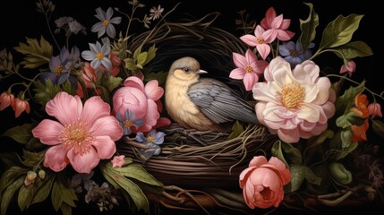  a painting of a bird sitting on top of a nest in a nest filled with pink flowers and greenery.