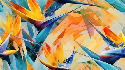  a painting of a bird of paradise with blue, yellow, orange and red feathers and a bird of paradise in the background.
