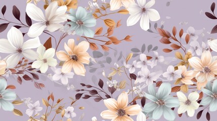  a bunch of flowers that are on top of a purple surface with a white and orange flower on top of it.