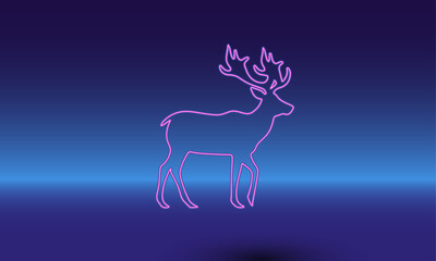 Neon deer symbol on a gradient blue background. The isolated symbol is located in the bottom center. Gradient blue with light blue skyline