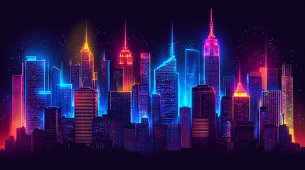 Background,  neon buildings skyscrapers on black background , night city - obrazy, fototapety, plakaty
