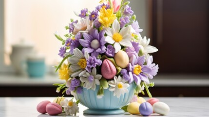  a blue vase filled with lots of colorful flowers and eggs on top of a white counter top next to a window.