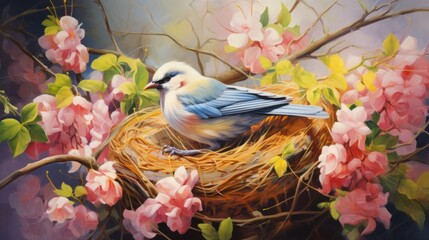  a painting of a bird sitting in a nest on a branch of a tree with pink flowers in the background.