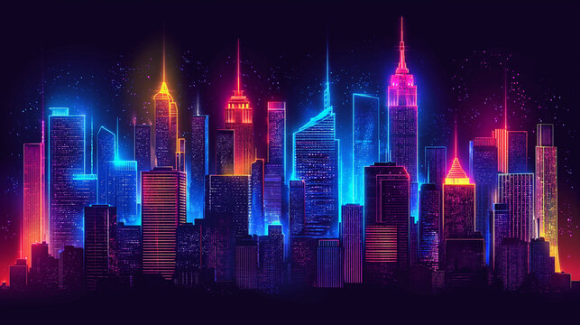 Background,  neon buildings skyscrapers on black background , night city