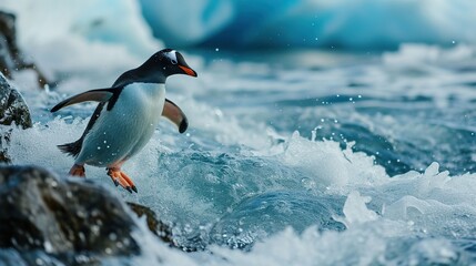 Fototapeta premium A penguin slides on the water, cold nature. Created with Generative Ai technology