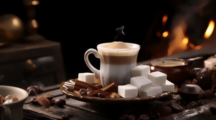 Cup of coffee with sugar cubes and cinnamon on wooden table in front of fireplace